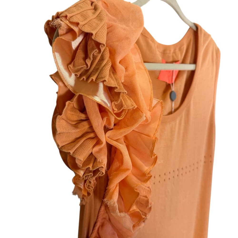 Betty Blue Soft Coral Asymmetrical Ruffled Shoulder Light Knit Dress sz 10 - Picture 3 of 16